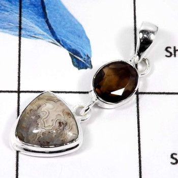 Crazy Lace Agate & Smoky Quartz C - SD468-Gorgeous Two Stone Crazy Lace Agate & Smoky Quartz Designer Pendants 925 Sterling Silv Crazy Lace Agate & Smoky Quartz C - SD468-Gorgeous Two Stone Crazy Lace Agate & Smoky Quartz Designer Pendants 925 Sterling Silv