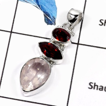Garnet Cut & Rose Quartz F - ISP549-Elegant Three Cut Stone Handmade Women's Pendants 925 Sterling Silver