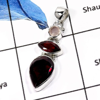 Rose Quartz & Garnet Cut E - ISP548-Attracting Party Wear Multi Cut Stone Plain Silver Pendants 925 Sterling Silver