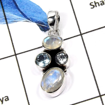 Rainbow Moonstone & Blue Topaz G - ISP546-Prety Look Mix Cut & Cab Plain Pendants 925 Sterling Silver