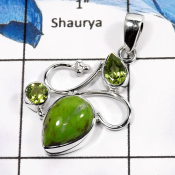Green Copper Turquoise & Peridot F - SD426-Classic Cut & Cab Designer For Girl's Pendants 925 Sterling Silver
