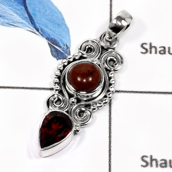 Mahagoni Jasper & Garnet Cut B - SD423-Classic Cab & Cut Two Stone Designer Pendants 925 Sterling Silver