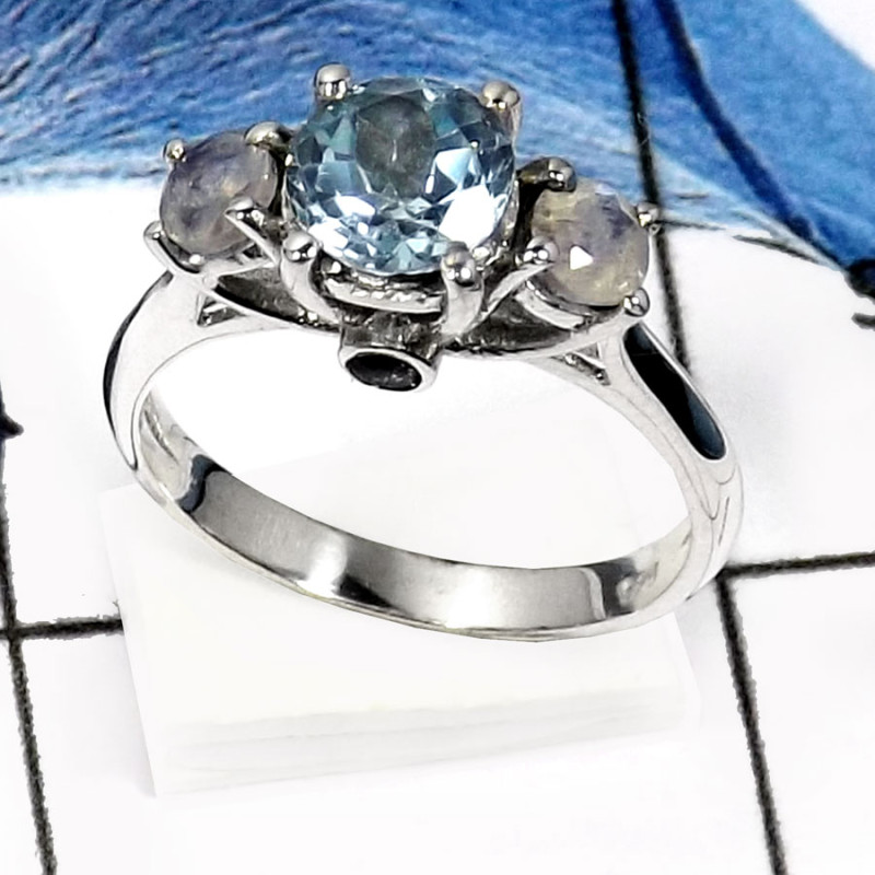 Blue Topaz & Rainbow Moonstone Cut D - RSS816-Stunning Three Stone Cut Gemstone Wedding Rings 925 Sterling Silver