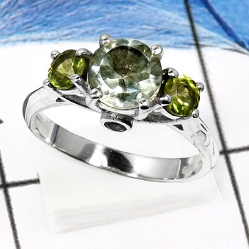 Blue Topaz & Peridot E - RSS816-Stunning Three Stone Cut Gemstone Wedding Rings 925 Sterling Silver