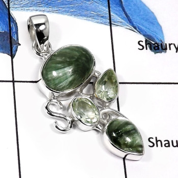 Seraphinite & Green Amethyst Cut B - SSP760-Beautiful New Design Cut & Cab Designer Pendants 925 Sterling Silver