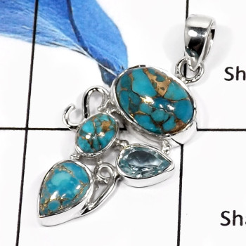Blue Copper Turquoise & Blue Topaz E - SSP760-Beautiful New Design Cut & Cab Designer Pendants 925 Sterling Silver