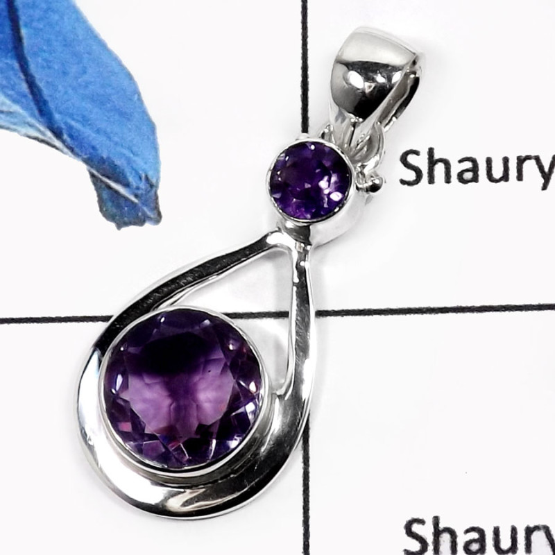 Amethyst Cut A - SSP737-Indian Company Handmade Cut Gemstone Pendants 925 Sterling Silver