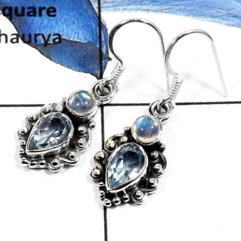 Rainbow Moonstone & Blue Topaz B - SDE546-Eye Catching Cut Designer Wedding Earrings 925 Sterling Silver